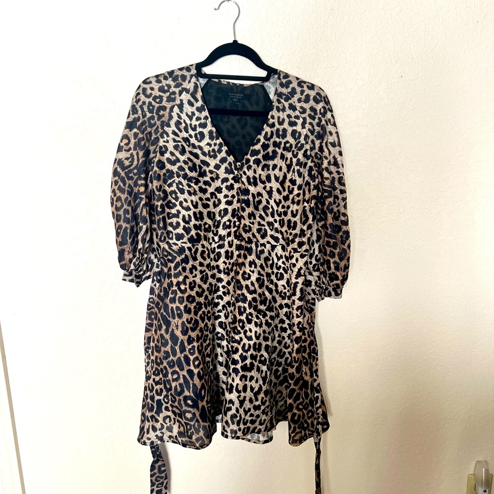 AllSaints Kota Leppo Leopard Print Dress Brown Tan Black Mini Belt Size 4
